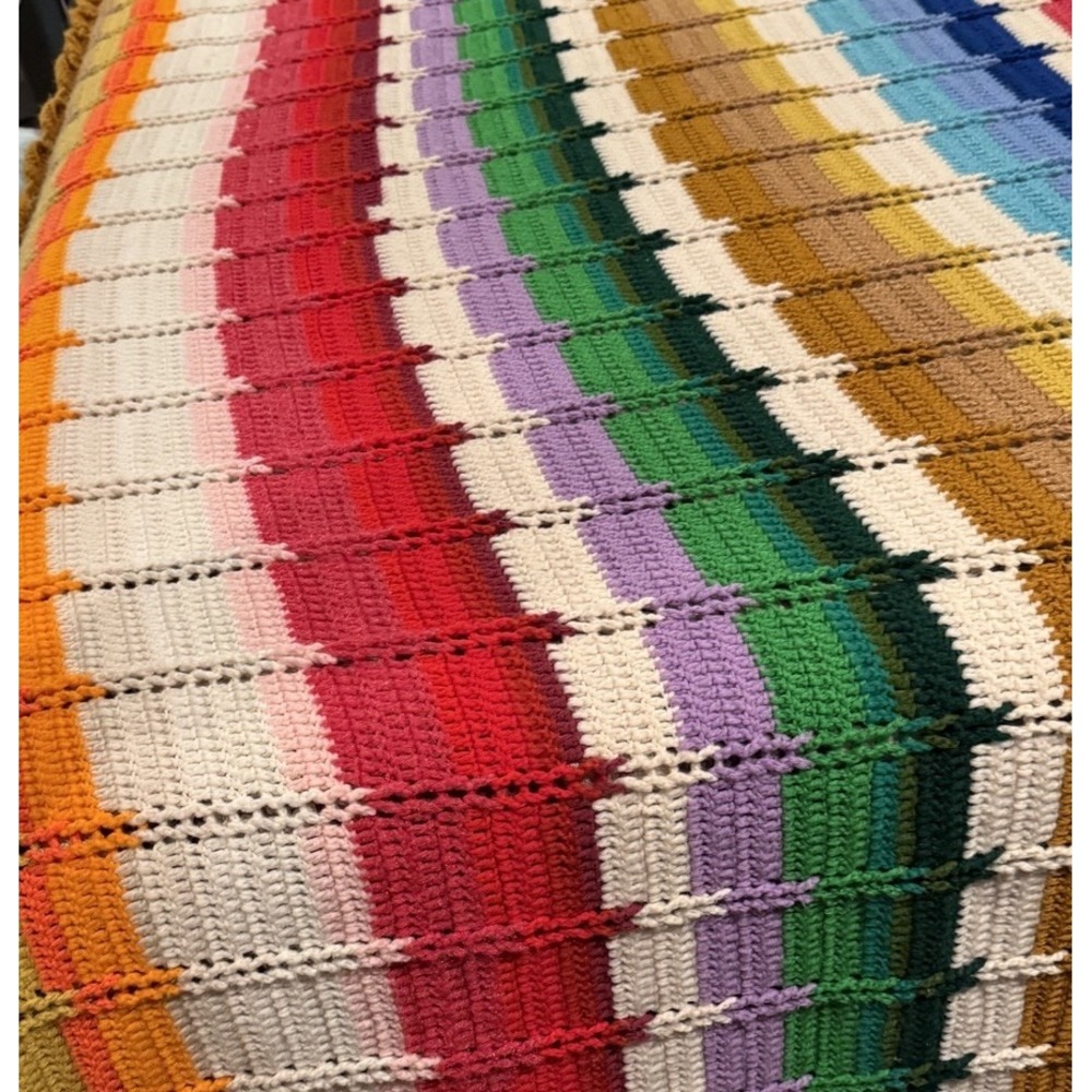 Vintage Large Rainbow Stripe Crochet Afghan Blanket Handmade Throw 100x74